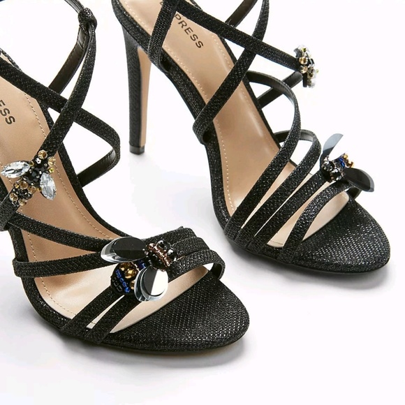 Express Shoes - Express Black Strappy Heels w/Bee Details